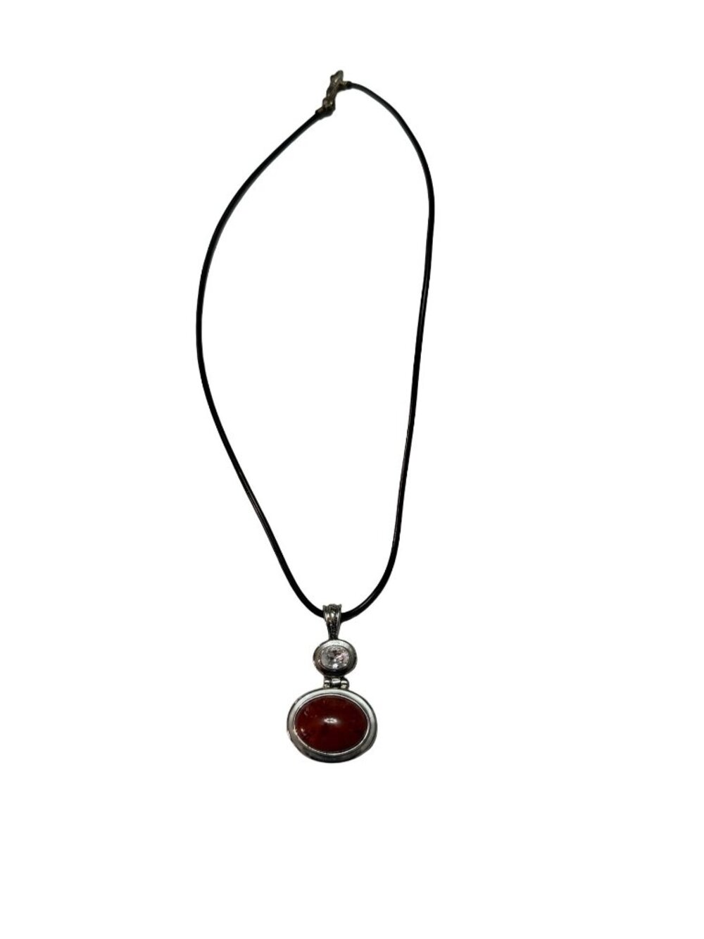 Vintage Red Cabochon Clear Rhinestone Pendant Necklace Black Cord 16 Inch